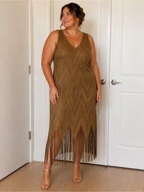 ✨ Gold Art Deco Fringe Dress | Chevron Metallic Midi